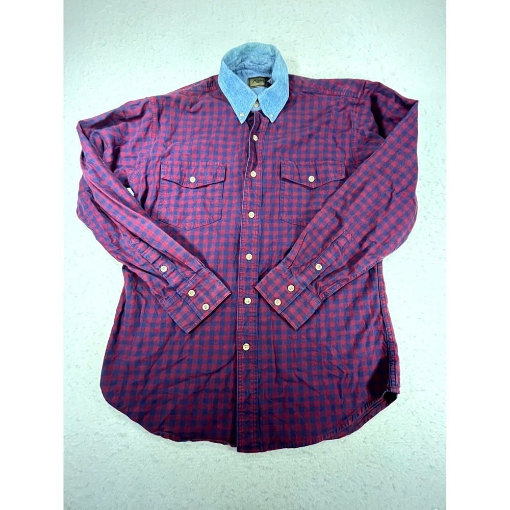 Roper Western Shirt Mens Medium Red Blue Buffalo Plaid Cotton Chambray Collar